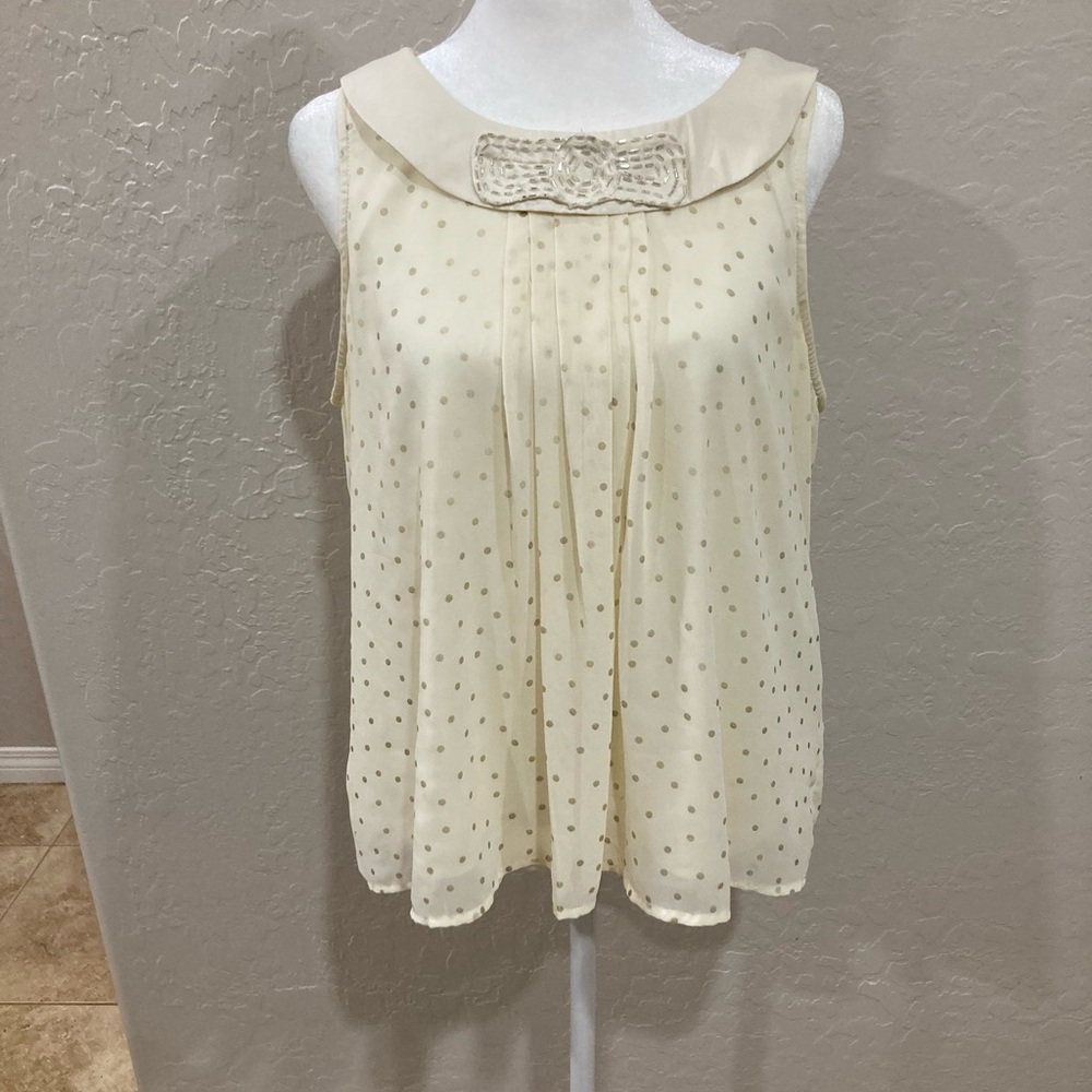 Lauren Conrad Women’s Cream Gold Polka Dot Sleeveless Top with Beaded Bow Size L